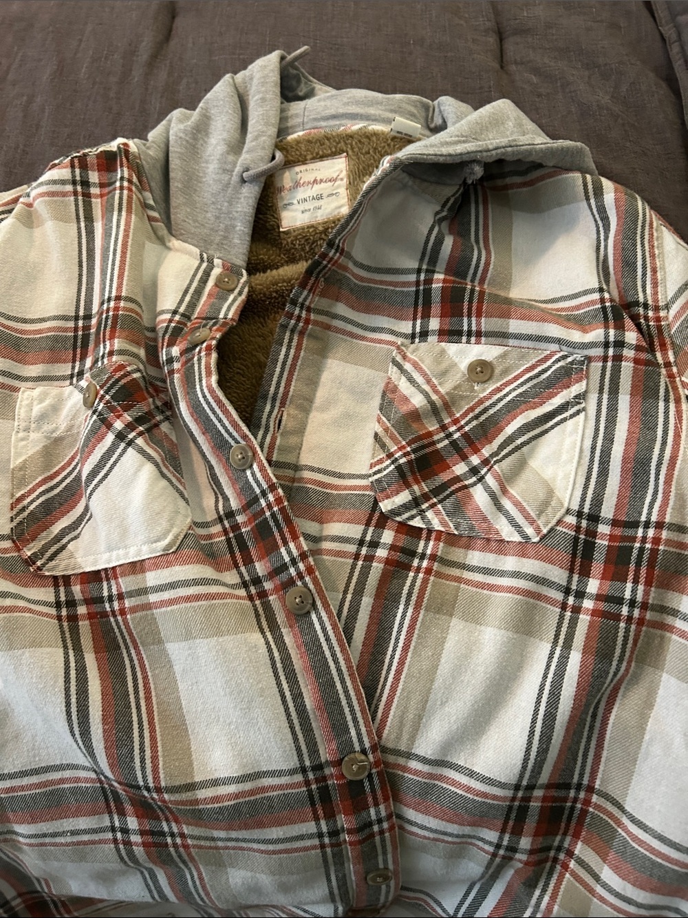Weatherproof Plaid Hooded Shirt Jacket in Beige, Rust & Gray